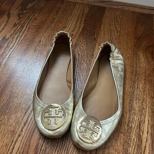 Tory Burch Gold Leather Logo Ballet Flats 9.5
